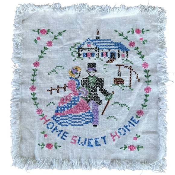 Vintage Home Sweet Home Colonial Couple Cross Stitch Embroidery Sampler 11x12 - Picture 1 of 8